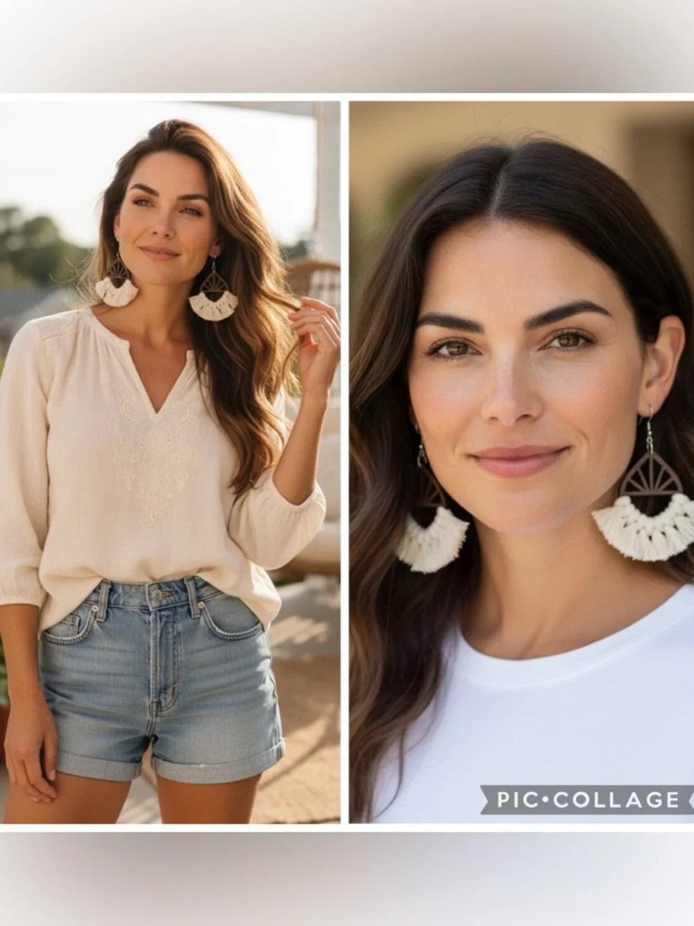 Boho Wood Tassel Statement Fringe Earrings Ivory Brown OS Size